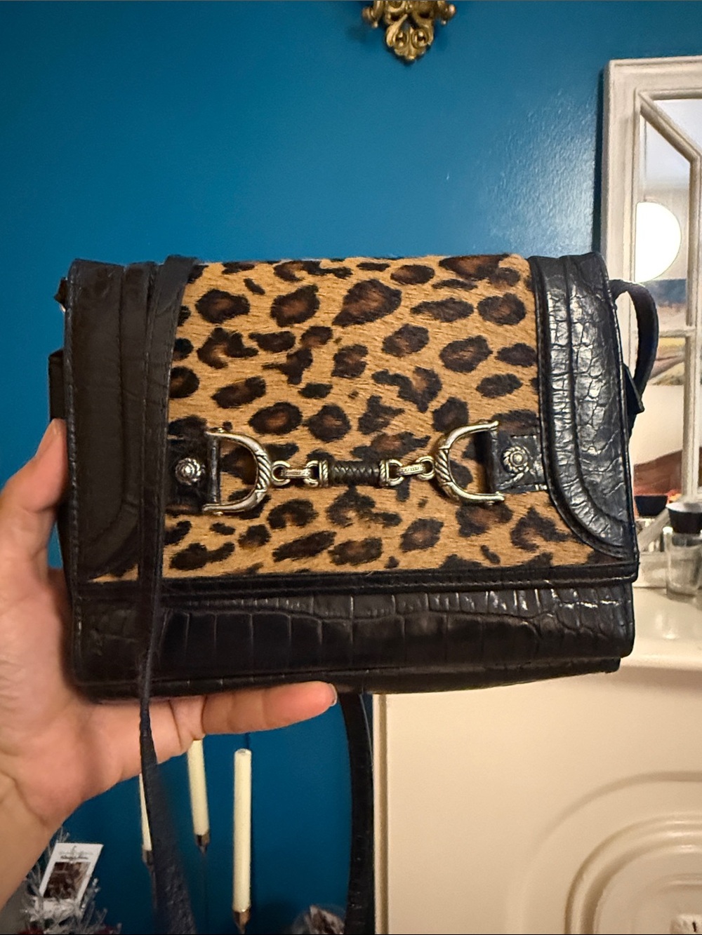 Brighton Leopard Print and Black Crossbody with Gold Hardware